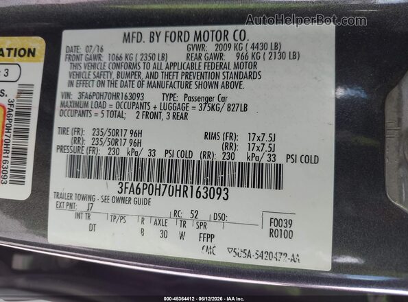 3FA6P0H70HR163093 2017 FORD FUSION Gray Engine compartment view
