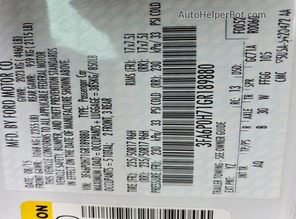 3FA6P0H71GR189880 2016 FORD FUSION Белый Вид подкапотного пространства