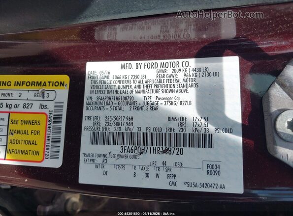 3FA6P0H71HR108720 2017 FORD FUSION Purple Engine compartment view