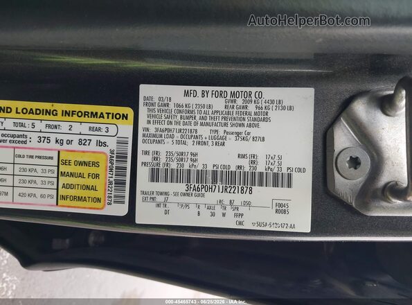 3FA6P0H71JR221878 2018 FORD FUSION Gray Widok komory silnika