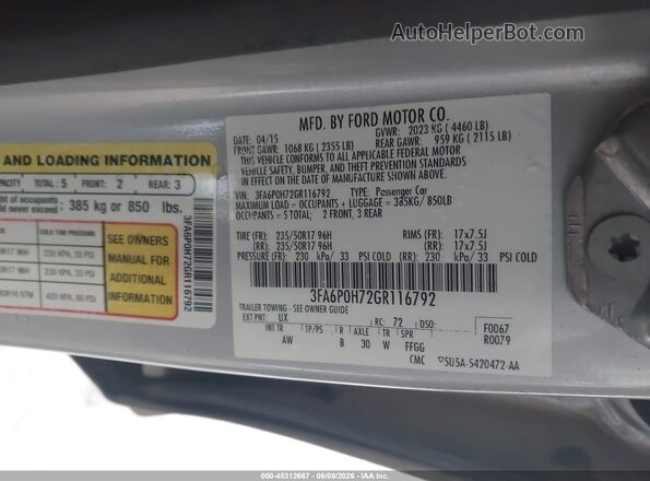3FA6P0H72GR116792 2016 FORD FUSION Silver Вид підкапотного простору