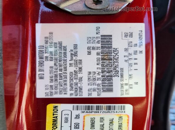 3FA6P0H72GR254204 2016 FORD FUSION Красный 