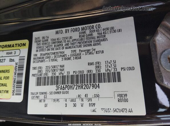 3FA6P0H72HR207904 2017 FORD FUSION Black Widok komory silnika