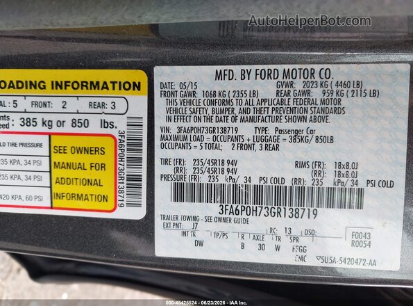 3FA6P0H73GR138719 2016 FORD FUSION Gray ძრავის განყოფილების ხედი