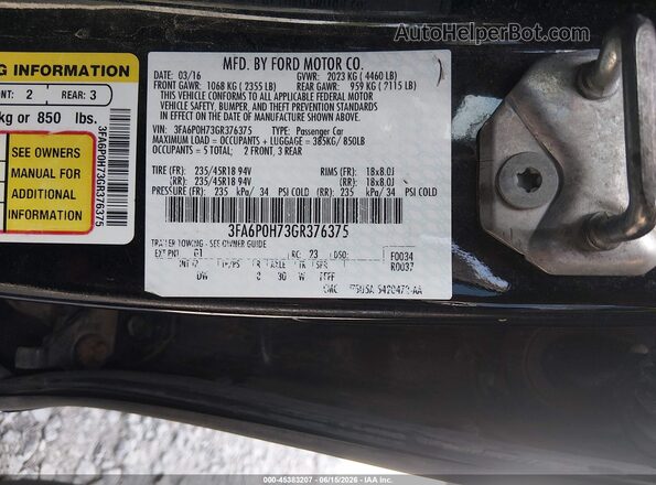 3FA6P0H73GR376375 2016 FORD FUSION Черный Вид подкапотного пространства