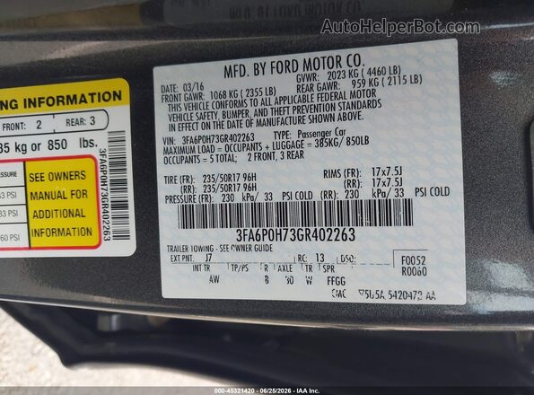 3FA6P0H73GR402263 2016 FORD FUSION Gray Շարժիչի բաժամունքի տեսք