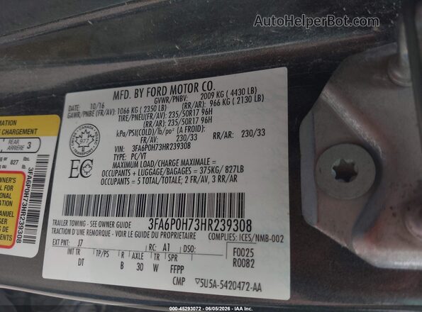 3FA6P0H73HR239308 2017 FORD FUSION Gray Շարժիչի բաժամունքի տեսք