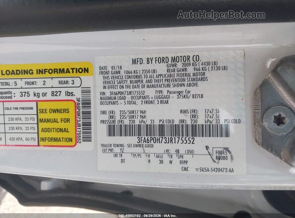 3FA6P0H73JR175552 2018 FORD FUSION White Widok komory silnika