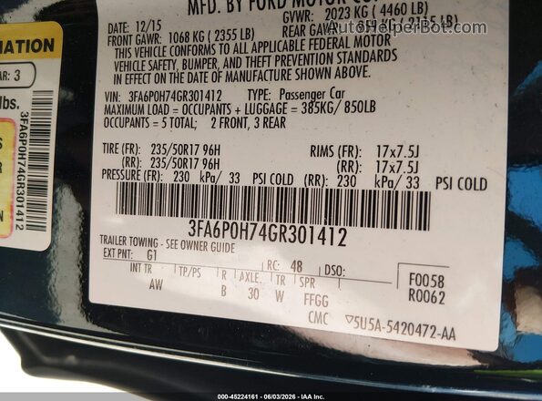 3FA6P0H74GR301412 2016 FORD FUSION Black ძრავის განყოფილების ხედი