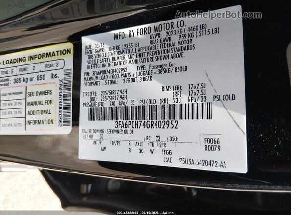 3FA6P0H74GR402952 2016 FORD FUSION Black Vista del compartimento del motor