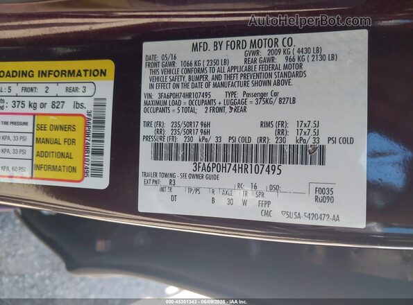 3FA6P0H74HR107495 2017 FORD FUSION Maroon Engine compartment view