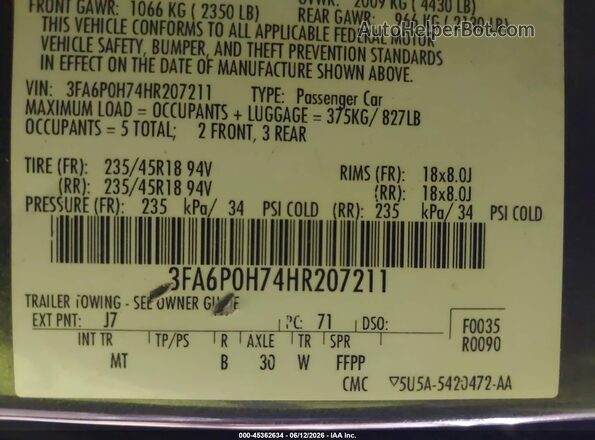 3FA6P0H74HR207211 2017 FORD FUSION Серый Вид подкапотного пространства
