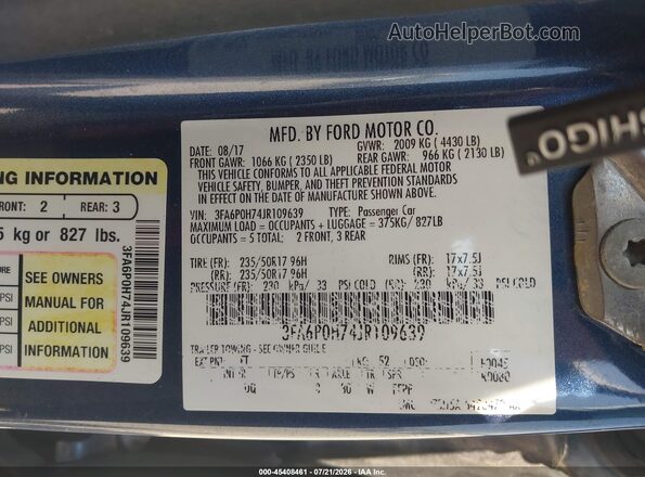 3FA6P0H74JR109639 2018 FORD FUSION Blue Շարժիչի բաժամունքի տեսք