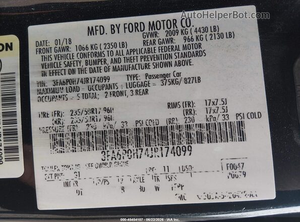 3FA6P0H74JR174099 2018 FORD FUSION Black Vista del compartimento del motor