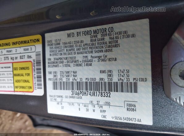 3FA6P0H74JR178332 2018 FORD FUSION Серый Вид подкапотного пространства