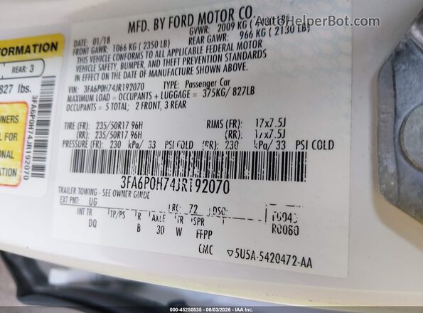 3FA6P0H74JR192070 2018 FORD FUSION Белый Вид подкапотного пространства