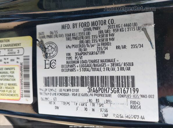 3FA6P0H75GR167199 2016 FORD FUSION Black ძრავის განყოფილების ხედი