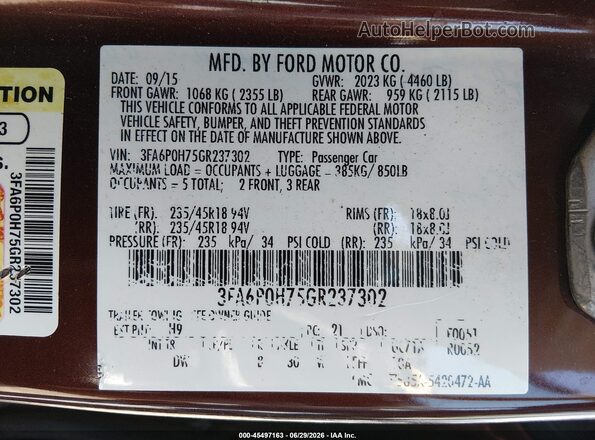 3FA6P0H75GR237302 2016 FORD FUSION Brown Engine compartment view