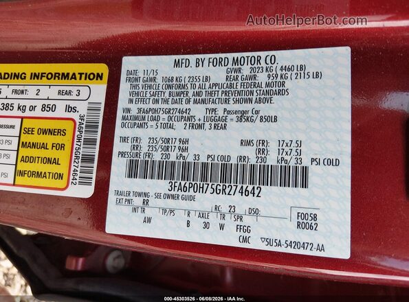 3FA6P0H75GR274642 2016 FORD FUSION Maroon Շարժիչի բաժամունքի տեսք