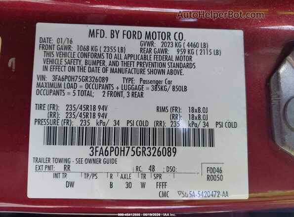 3FA6P0H75GR326089 2016 FORD FUSION Red Widok komory silnika