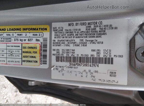 3FA6P0H75HR162974 2017 FORD FUSION Серебряный Вид подкапотного пространства