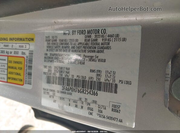 3FA6P0H76GR254366 2016 FORD FUSION Silver ძრავის განყოფილების ხედი