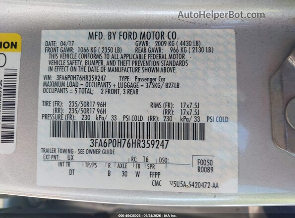 3FA6P0H76HR359247 2017 FORD FUSION Silver ძრავის განყოფილების ხედი