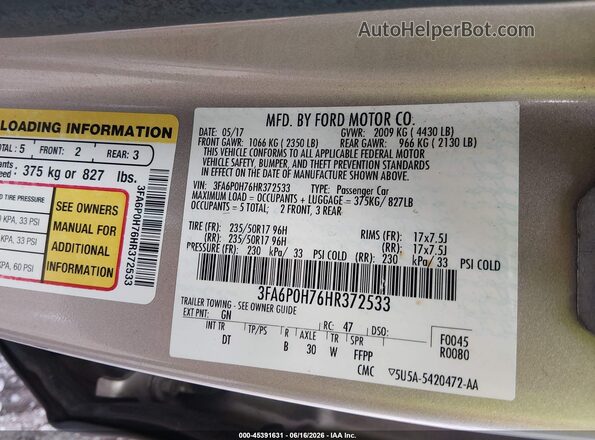 3FA6P0H76HR372533 2017 FORD FUSION Коричневый Вид подкапотного пространства