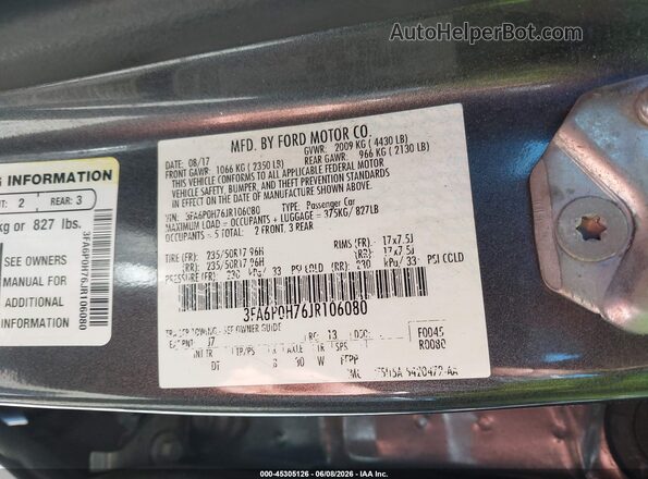 3FA6P0H76JR106080 2018 FORD FUSION Gray Vista del compartimento del motor
