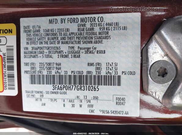 3FA6P0H77GR310265 2016 FORD FUSION Бордовый Вид подкапотного пространства