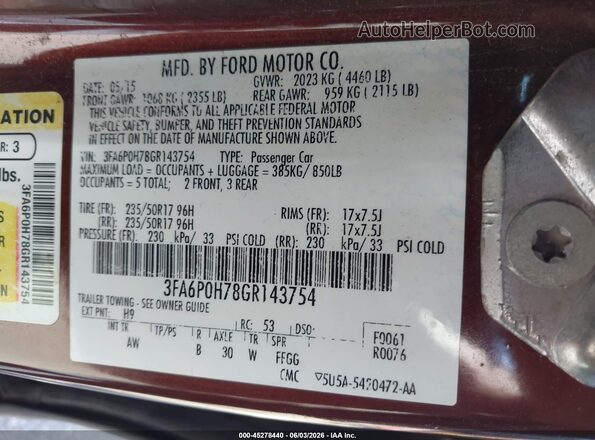 3FA6P0H78GR143754 2016 FORD FUSION Red Widok komory silnika