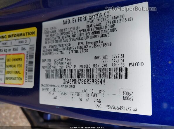 3FA6P0H78GR393544 2016 FORD FUSION Blue Вид підкапотного простору