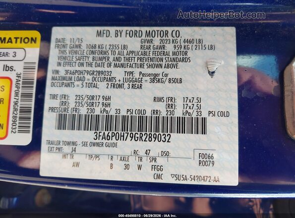 3FA6P0H79GR289032 2016 FORD FUSION Blue Вид підкапотного простору