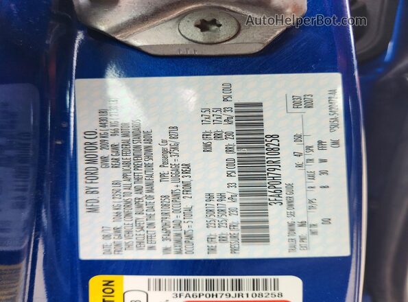 3FA6P0H79JR108258 2018 FORD FUSION Blue Շարժիչի բաժամունքի տեսք