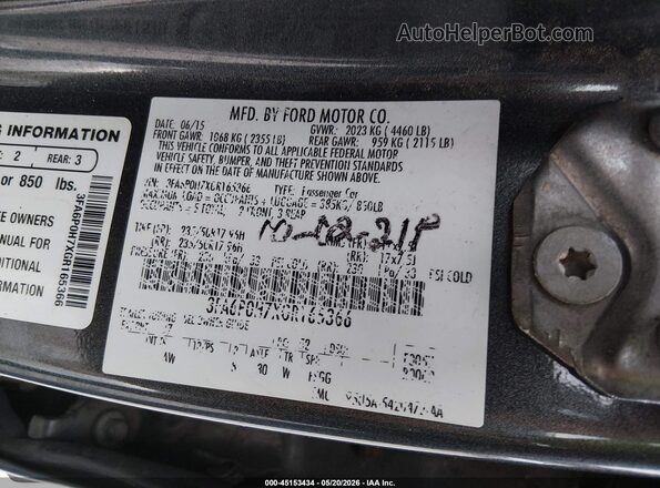 3FA6P0H7XGR165366 2016 FORD FUSION Gray Вид підкапотного простору