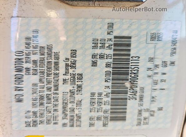 3FA6P0H90GR351113 2016 FORD FUSION White Вид підкапотного простору