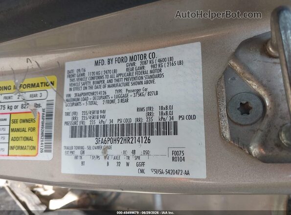 3FA6P0H92HR214126 2017 FORD FUSION Beige ძრავის განყოფილების ხედი