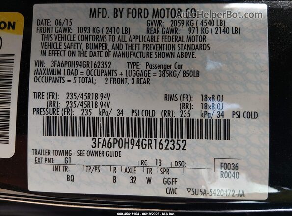 3FA6P0H94GR162352 2016 FORD FUSION Black ძრავის განყოფილების ხედი