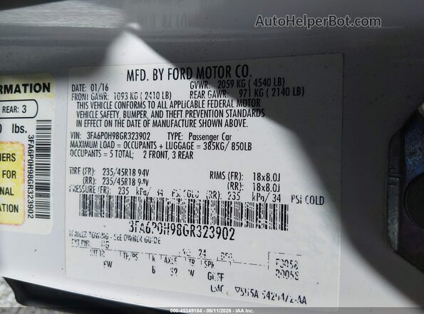 3FA6P0H98GR323902 2016 FORD FUSION White Շարժիչի բաժամունքի տեսք
