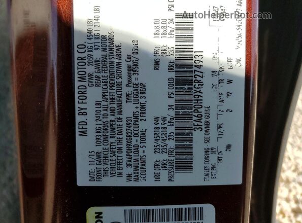 3FA6P0H9XGR274931 2016 FORD FUSION Orange ძრავის განყოფილების ხედი