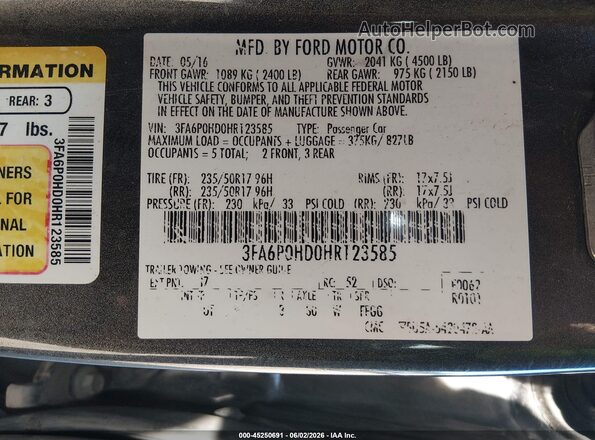 3FA6P0HD0HR123585 2017 FORD FUSION Gray Vista del compartimento del motor