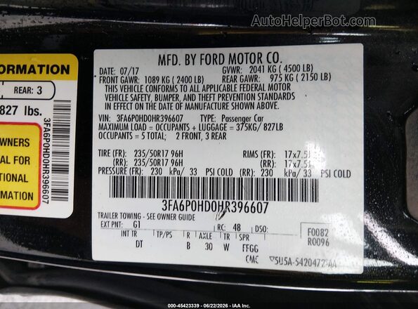 3FA6P0HD0HR396607 2017 FORD FUSION Black Engine compartment view