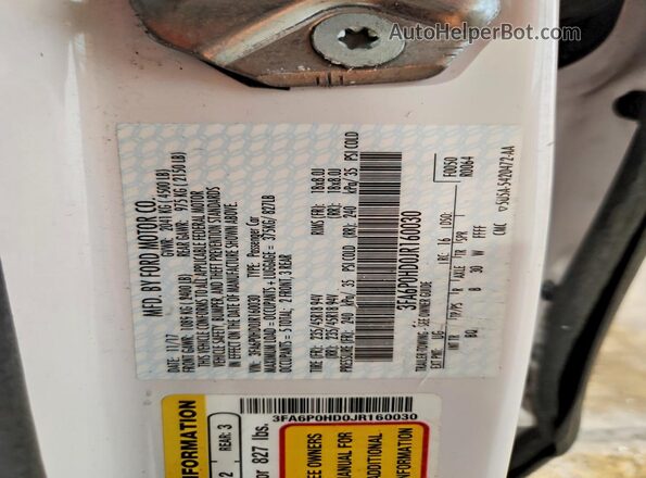 3FA6P0HD0JR160030 2018 FORD FUSION White Widok komory silnika