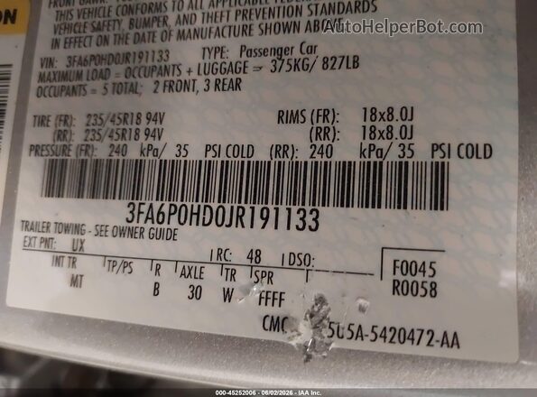3FA6P0HD0JR191133 2018 FORD FUSION Серебряный Вид подкапотного пространства