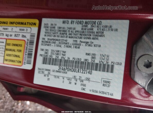 3FA6P0HD0LR122140 2020 FORD FUSION Red Engine compartment view