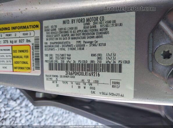 3FA6P0HD0LR169216 2020 FORD FUSION Серебряный Вид подкапотного пространства