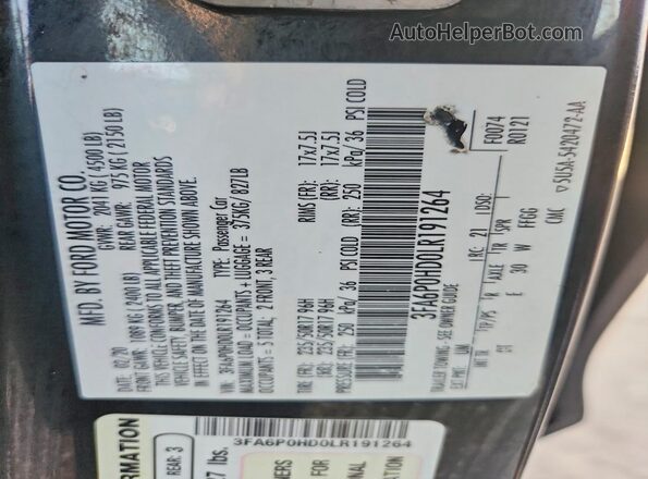 3FA6P0HD0LR191264 2020 FORD FUSION Black Շարժիչի բաժամունքի տեսք