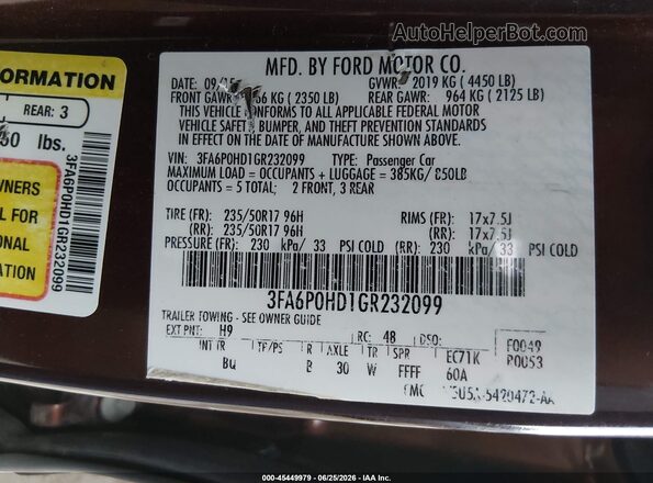 3FA6P0HD1GR232099 2016 FORD FUSION Maroon Շարժիչի բաժամունքի տեսք
