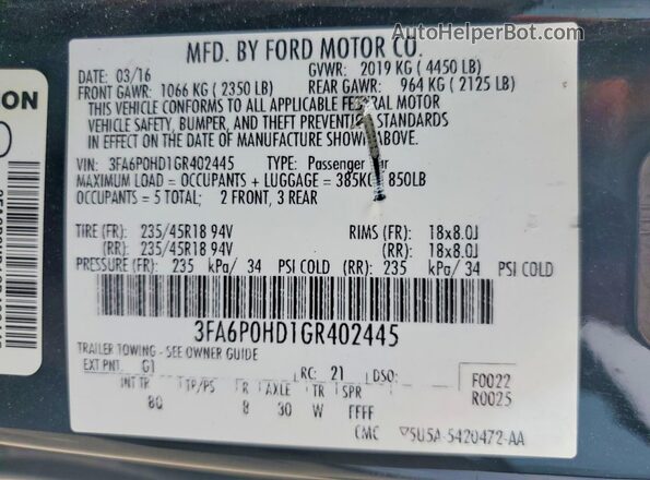 3FA6P0HD1GR402445 2016 FORD FUSION Black 