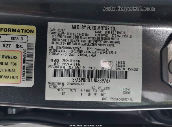 3FA6P0HD1HR339767 2017 FORD FUSION Gray ძრავის განყოფილების ხედი